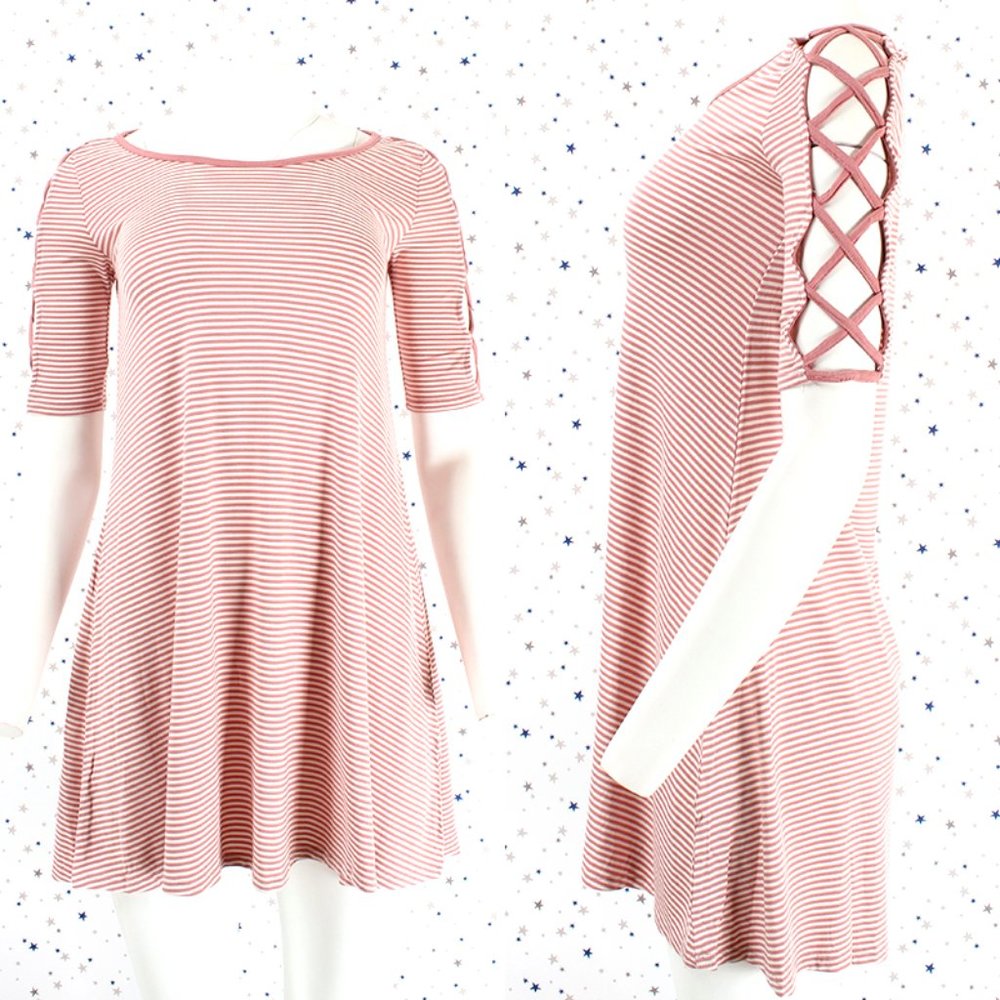 Strappy Sleeve Striped Dress Dusty Pink Off White